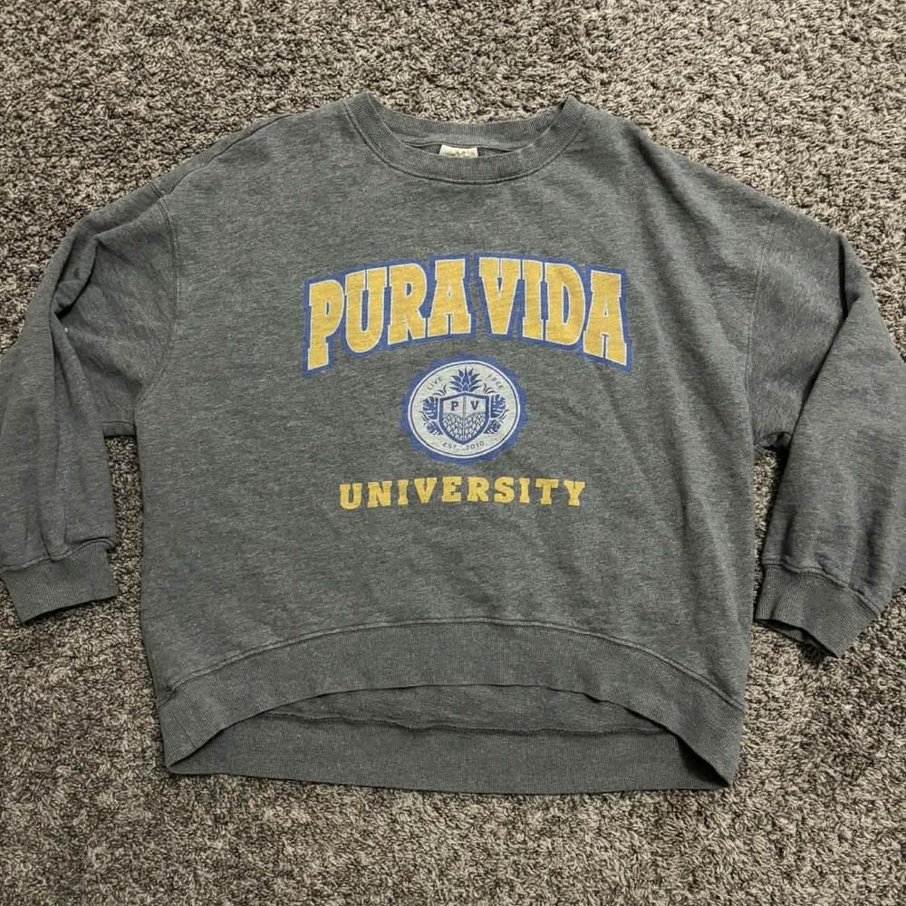 Pura Vida Gray and Yellow Crew Neck Sweater